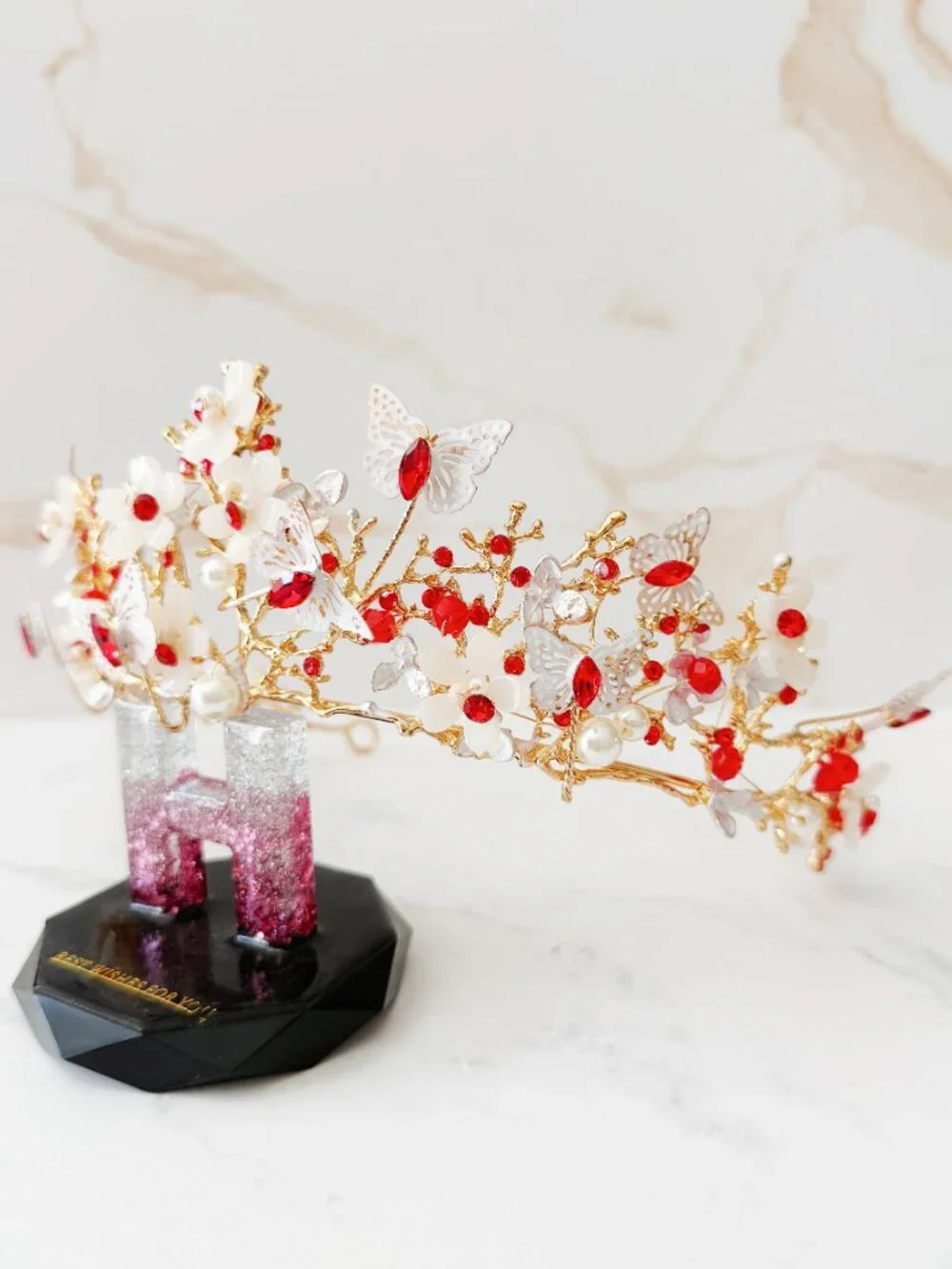 Red Crystal Butterfly Crown, Gold Floral Tiara, Wedding Bridal Headpiece